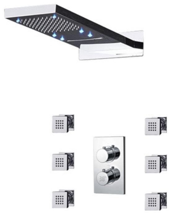Vasto 22" Chrome Digital Waterfall Rainfall Shower System, 3 Body Jets, LED