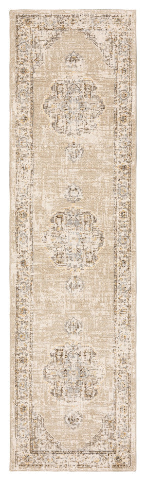 2'X8' Beige And Ivory Center Jewel Runner Rug