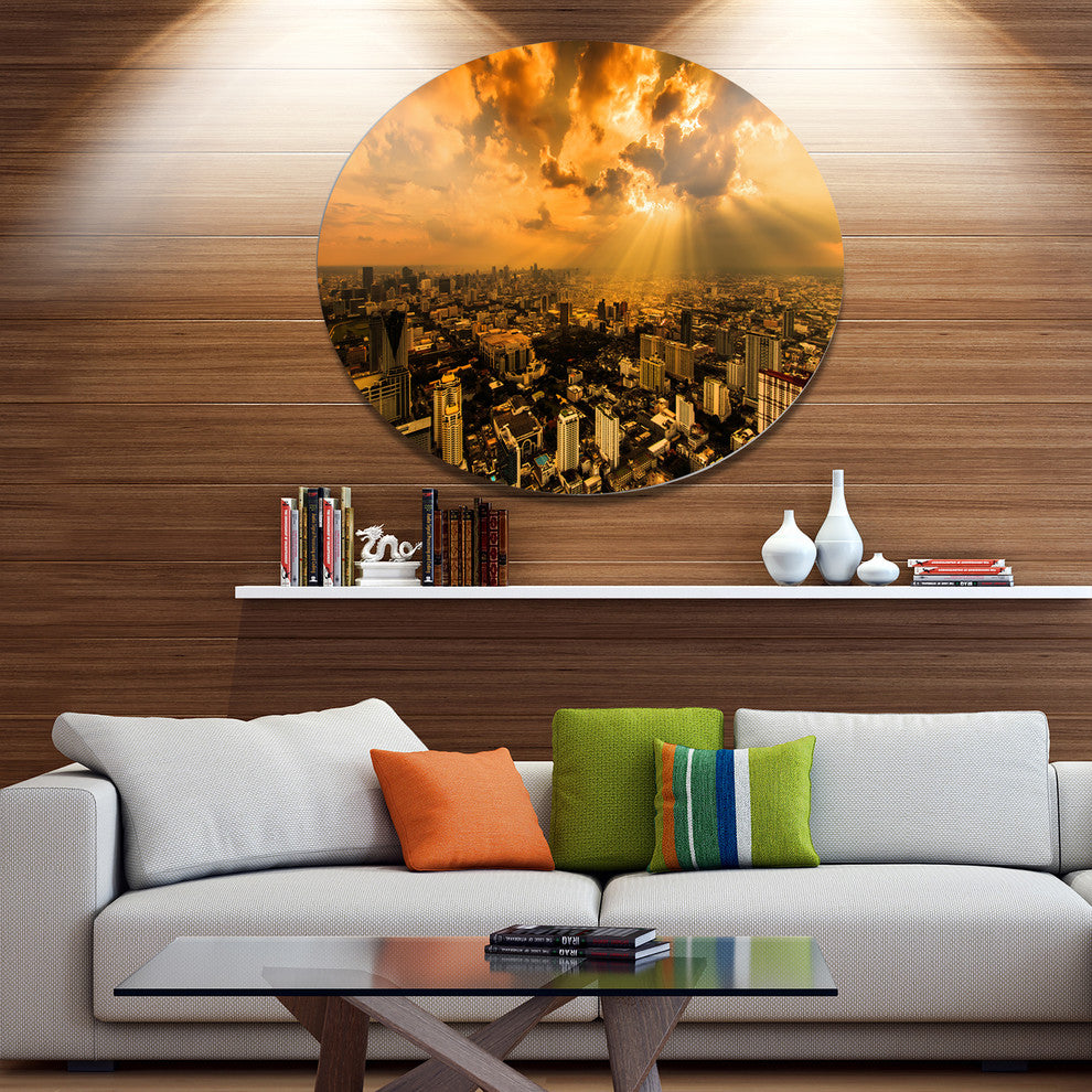 Light Shining Through Dark Clouds, Cityscape Round Metal Wall Art, 36"