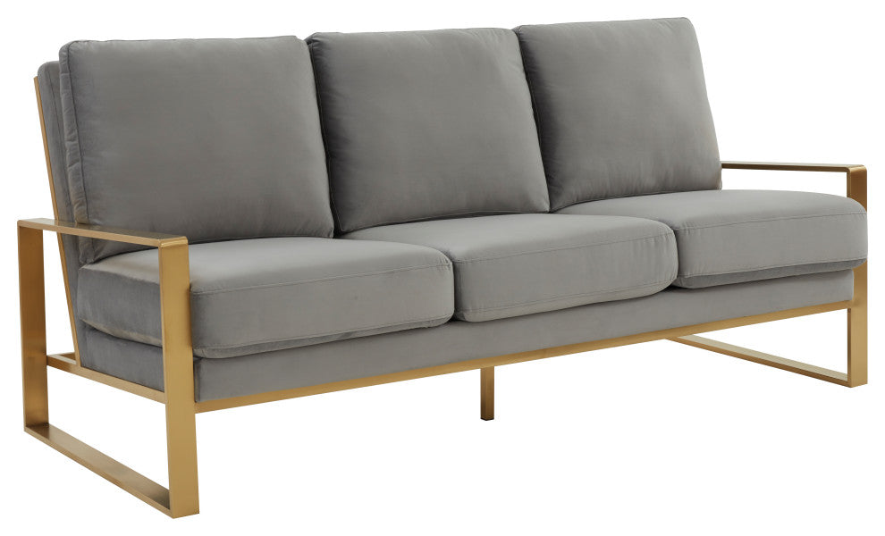 LeisureMod Jefferson Modern Design Velvet Sofa With Gold Frame, Light Gray