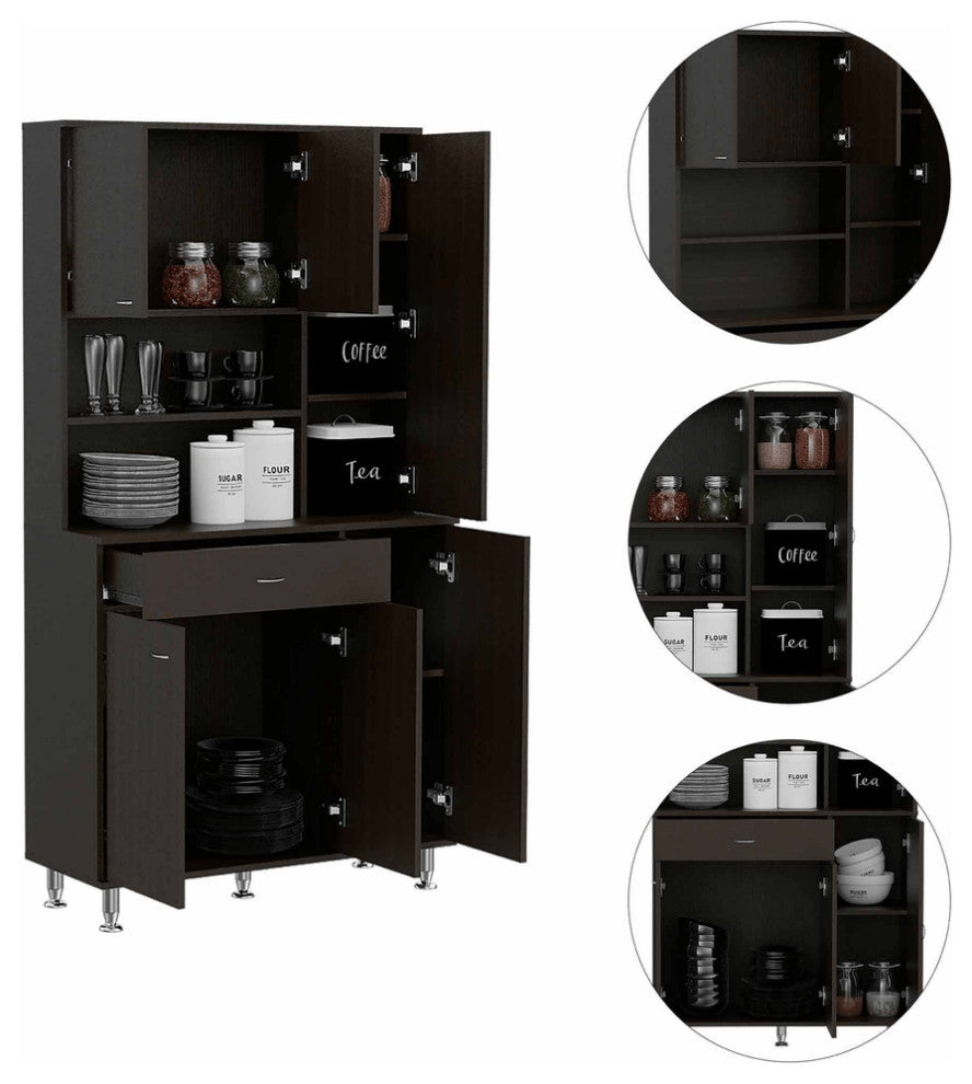 Modern Black Pantry Cabinet with Multiple Storage Shelves