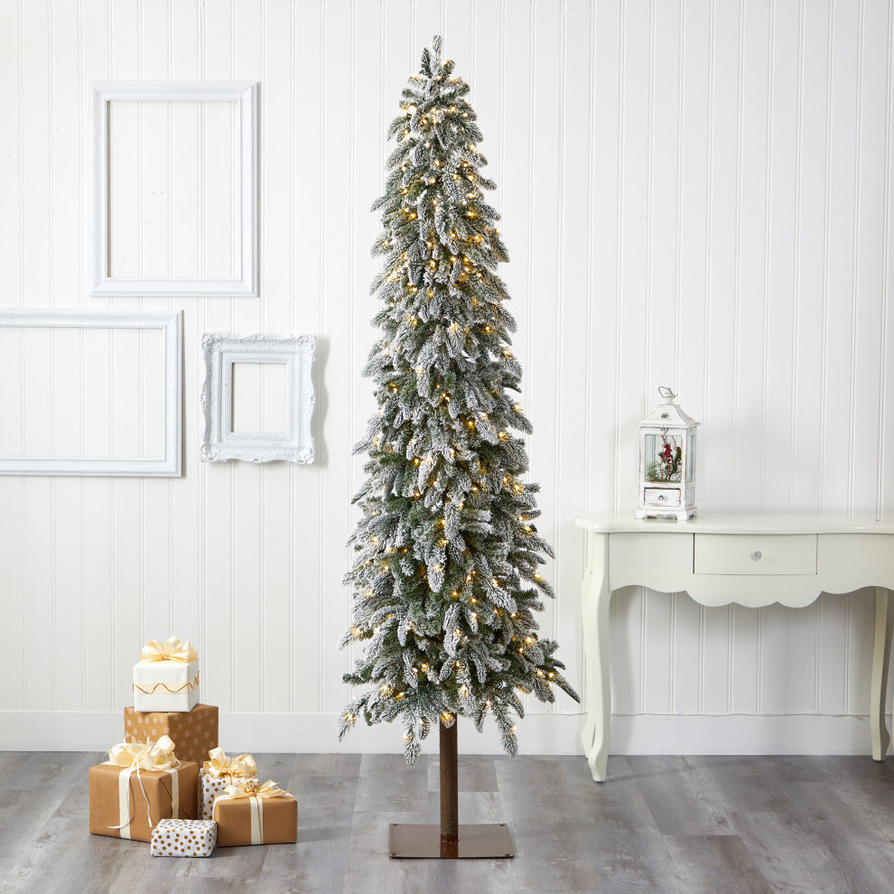 7.5' Flocked Washington Alpine Xmas Faux Tree W/White Lights & Bendable Branches