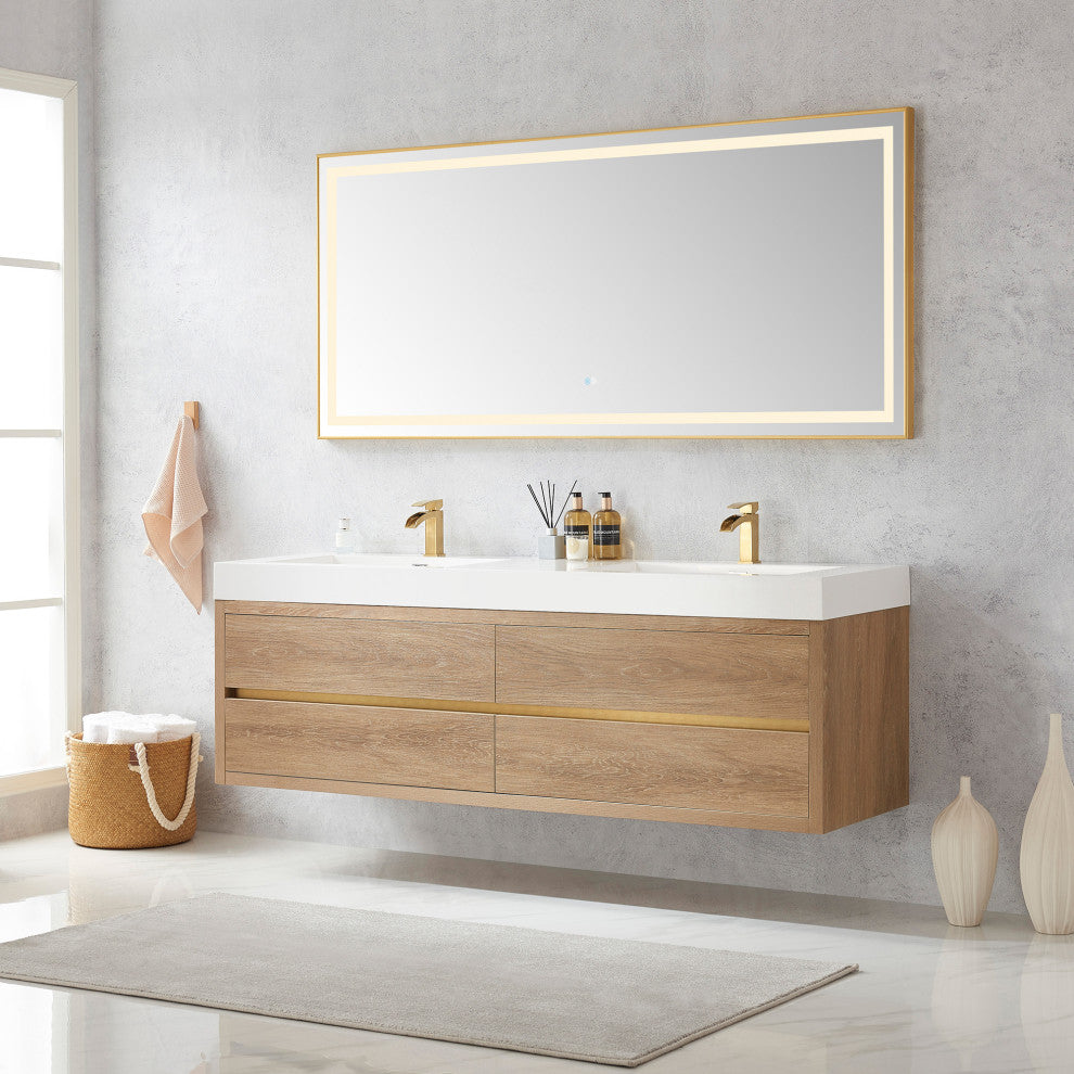 Palencia Floating Bath Vanity With Composite Stone Top, North American Oak, 72", With Mirror