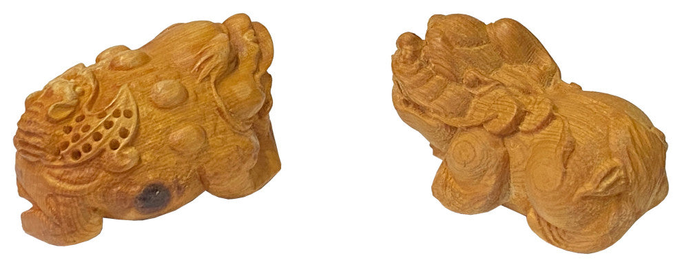 Chinese Pair Wood Carved Mini Mythical Pixiu FengShui Figures Hws2367