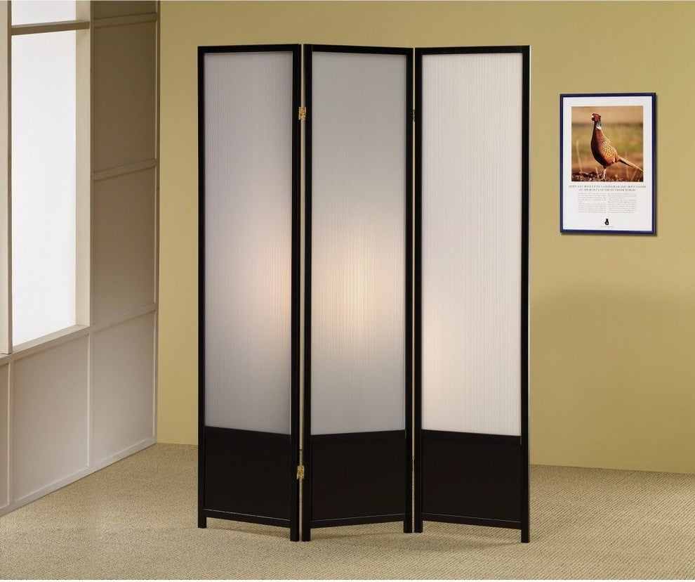 Benzara BM159230 Three Panel Folding Screen With Translucent Inserts, Black