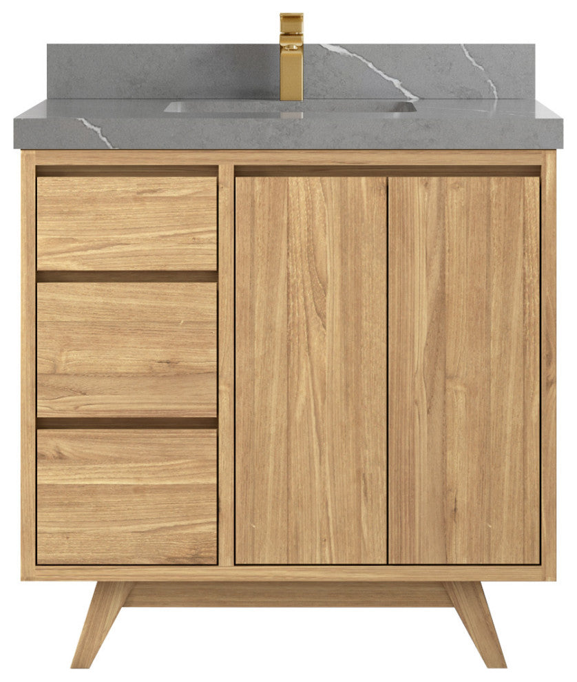 Madison Teak 36 Center Sink Bath Vanity in Light Natural 2" Piatra Gray