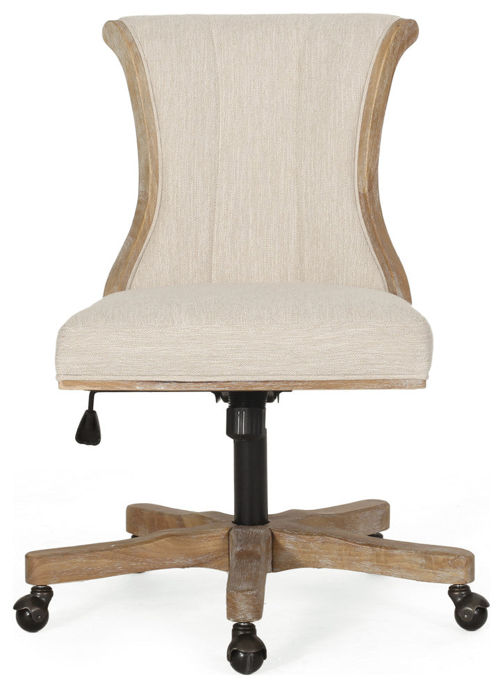 Andrea Contemporary Upholstered Roll Back Swivel Office Chair, Beige + Natural, 100% Polyester