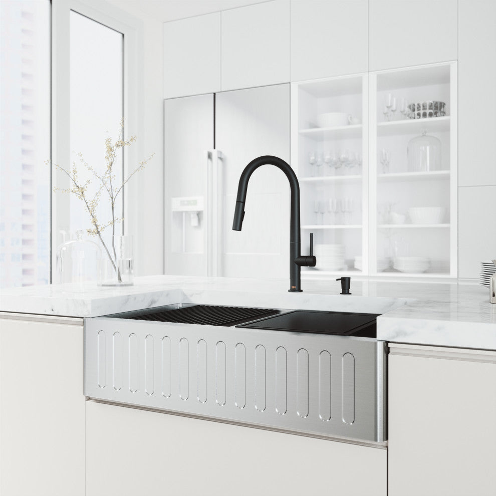 Oxford 36"L x 21"W Farmhouse Kitchen Sink and Greenwich 18"H in Black Faucet Set