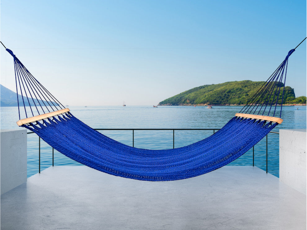 Cobalt Blue Cotton Hammock, Wooden Bar