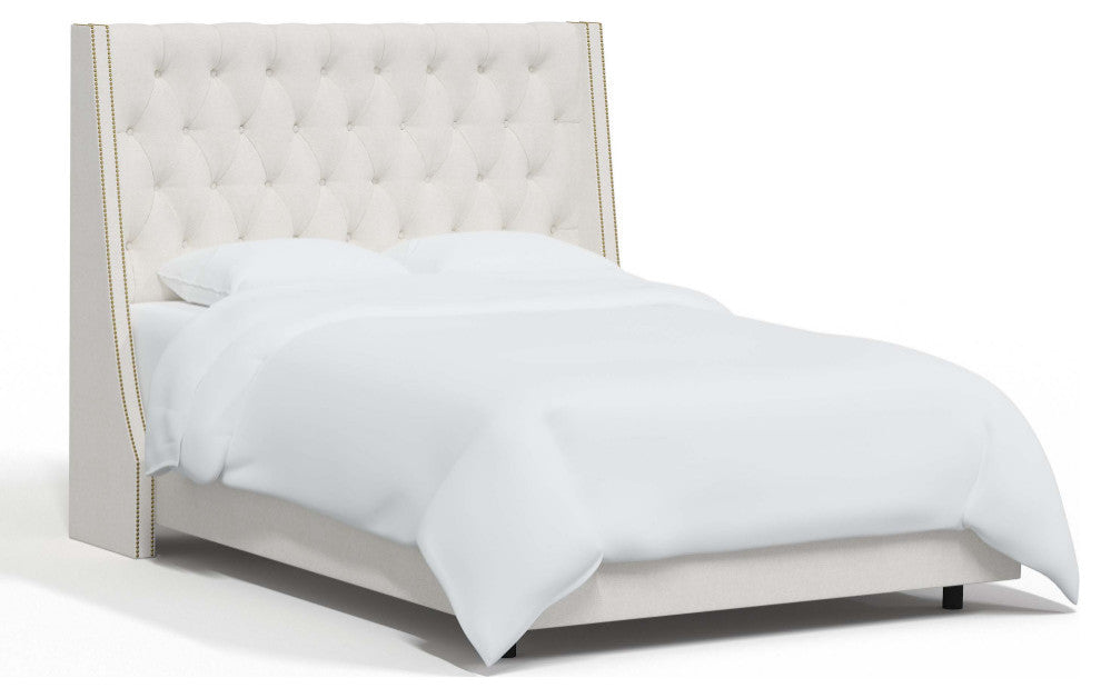 Tufted Sloped Wingback Bed, Nail Trim, Zuma White, King