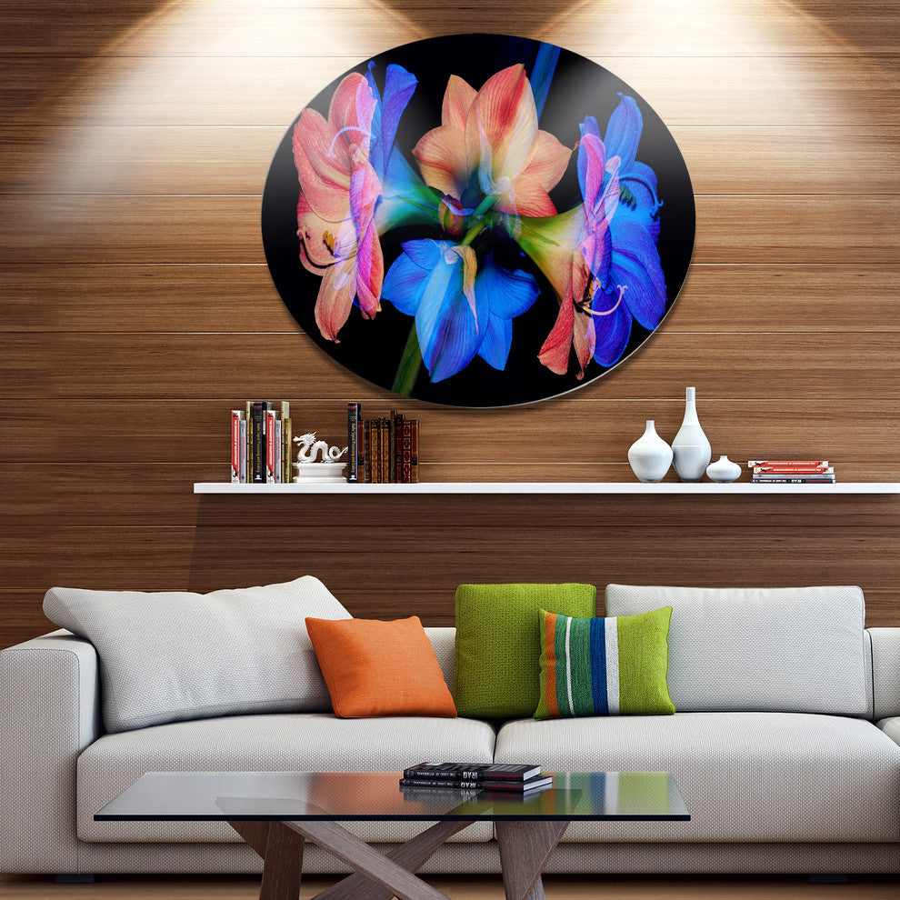 Abstract Blue Red Flower On Black, Floral Disc Metal Wall Art, 38"