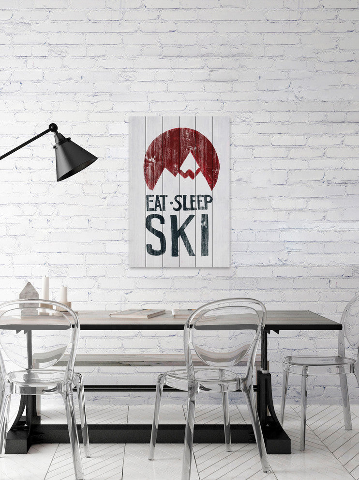 "Eat Sleep Ski Mountains" Painting Print on White Wood, 30"x45"