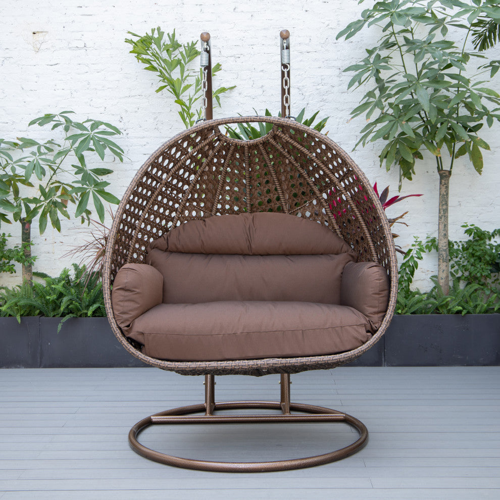 LeisureMod Mendoza Dark Brown Wicker Hanging Double Egg Swing Chair, Brown