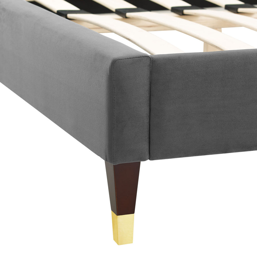 Platform Bed Frame, King Size, Charcoal Gray, Velvet, Modern, Guest Suite