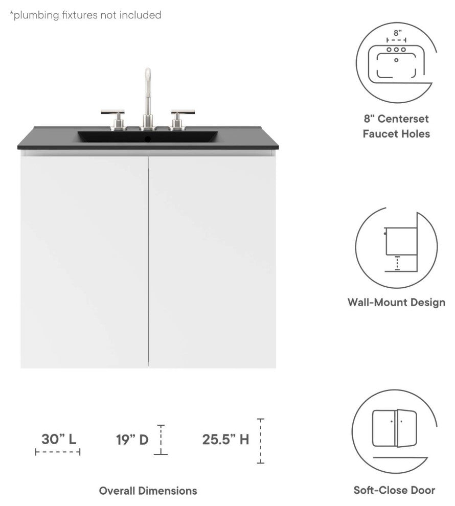 Bryn 30" Wall-Mount Bathroom Vanity, White Black