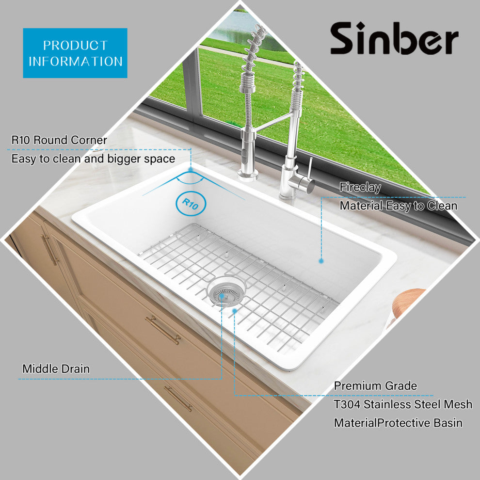 Sinber 32" Drop in Single Bowl Kitchen Sink with Fireclay White Finish