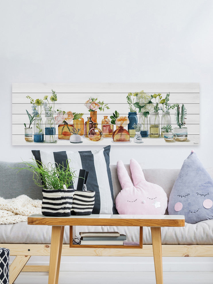 "Lined up Bottles II" Painting Print on White Wood, 60"x20"