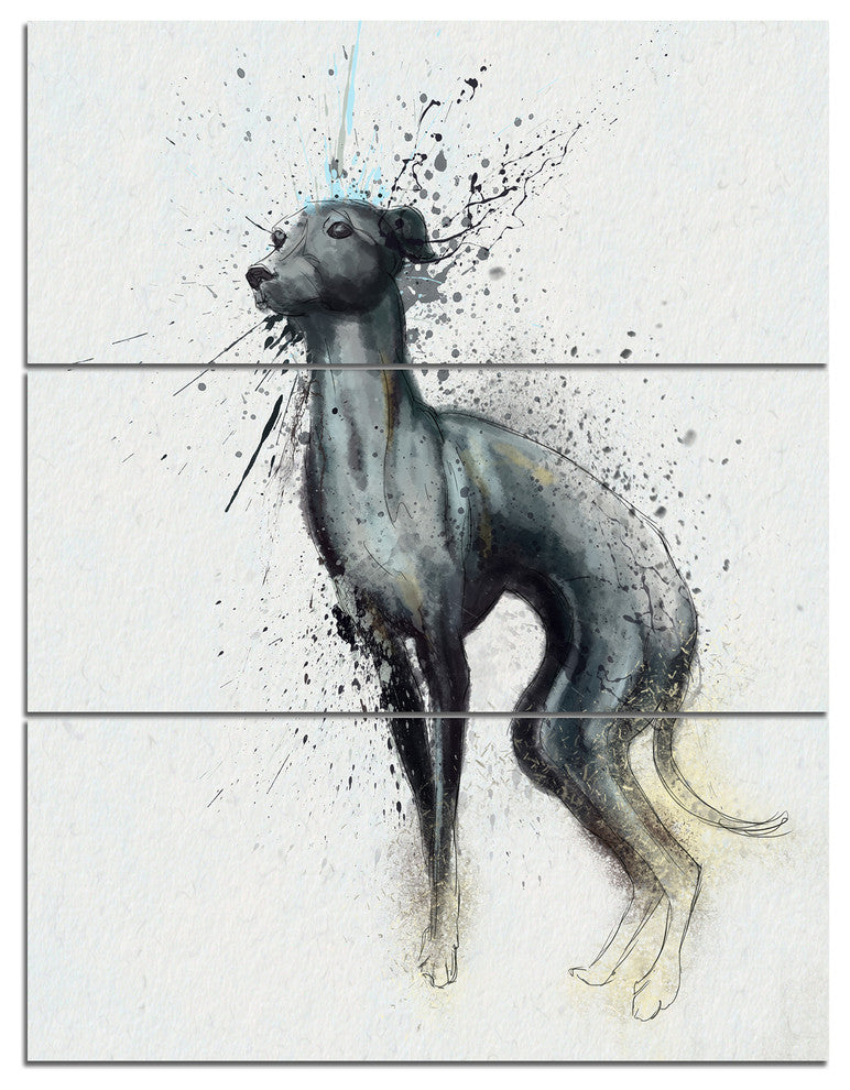 Black Dog Watercolor with Splashes, Animal Canvas Artwork, 28x36, 3 Panels