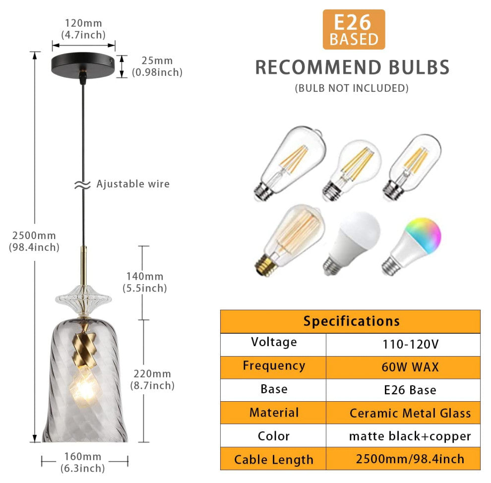 Modern Pendant Lighting, Adjustable Hanging, Glass Shade