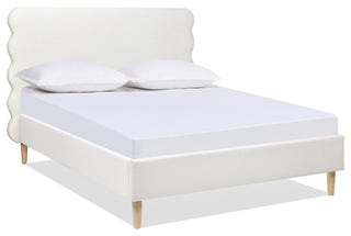 Stockholm Modern Wavy Headboard Platform Bed, Antique White Polyester, Queen