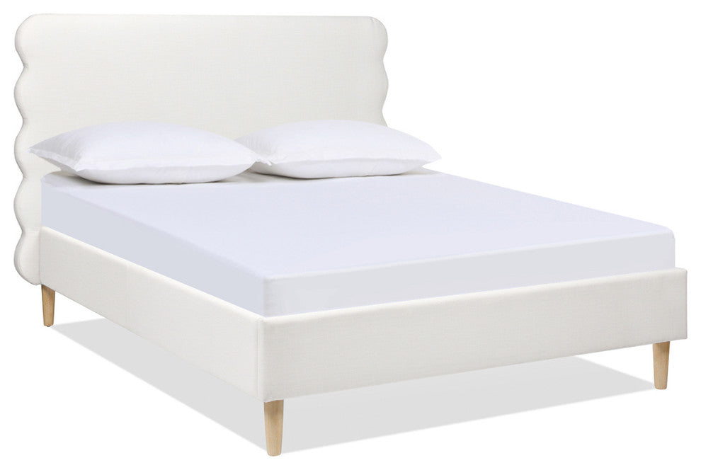 Stockholm Modern Wavy Headboard Platform Bed, Antique White Polyester, Queen