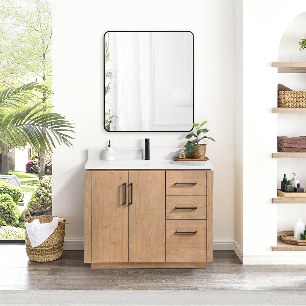 San Bath Vanity with Stone Top, Fir Wood Brown, 42", Single Vanity, With Mirror