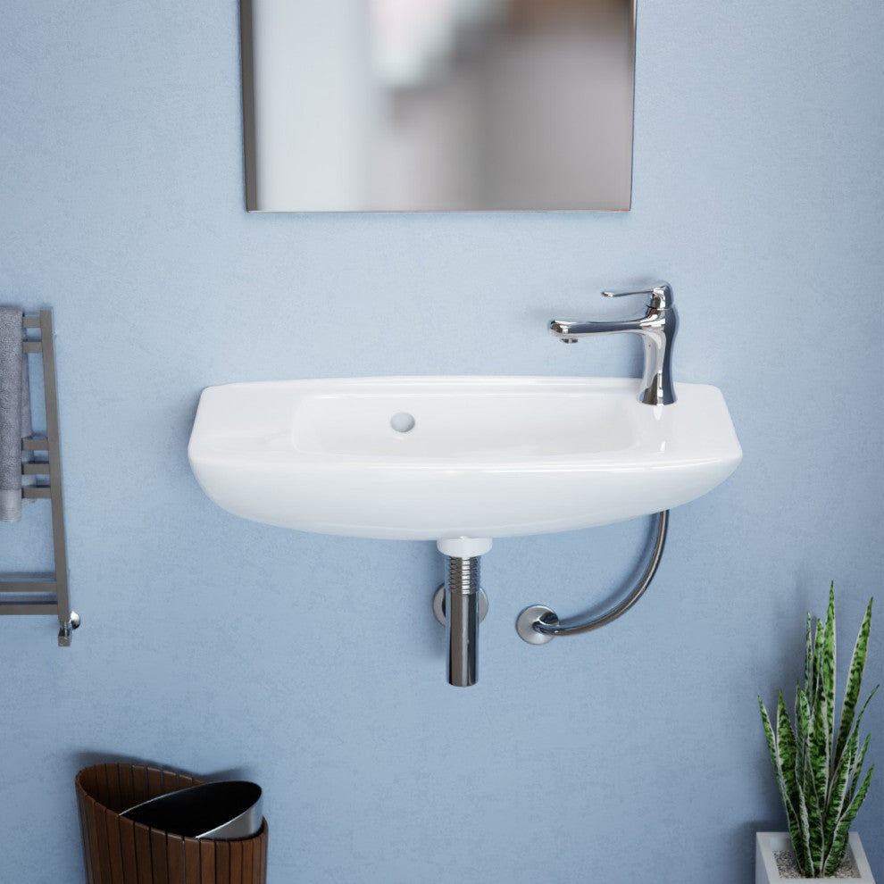 White Rectangular Wall Mount Bathroom Vessel Sink With Overflow and Faucet Holes