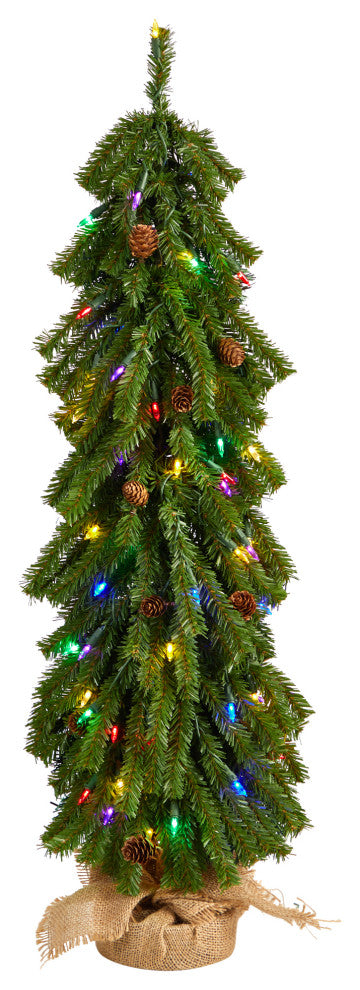 3' Faux Xmas Tree With Pinecones and 50 Multicolored Lights Set, a Burlap Base