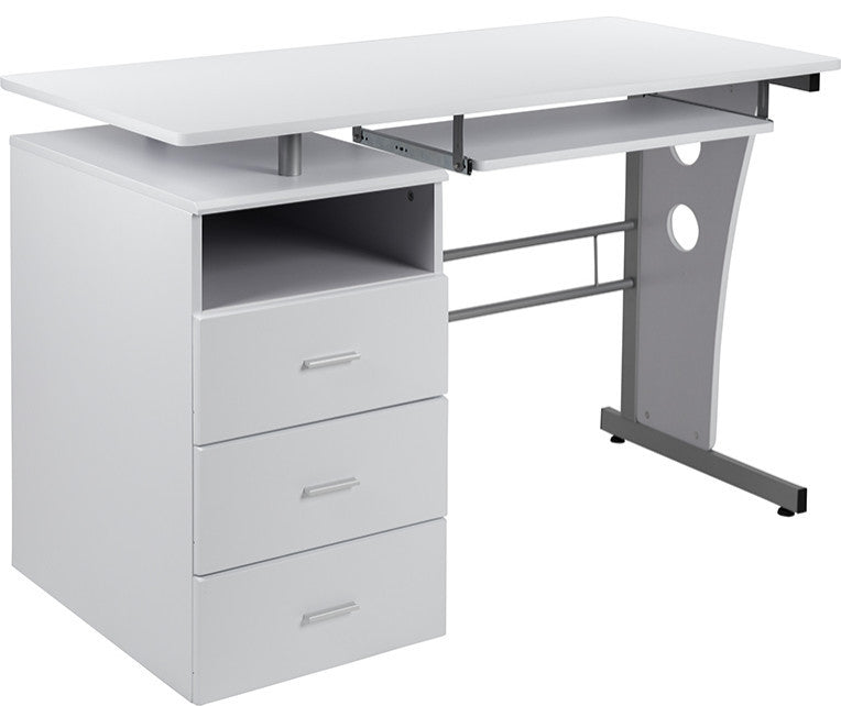 White Desk with Three Drawer Pedestal and Pull-Out Keyboard Tray
