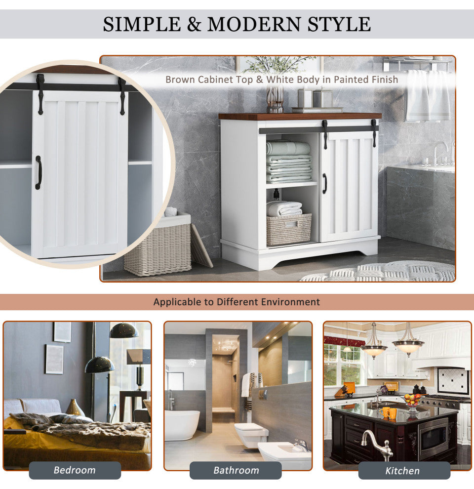 Freestanding Storage Cabinet in White, Sliding Barn Door