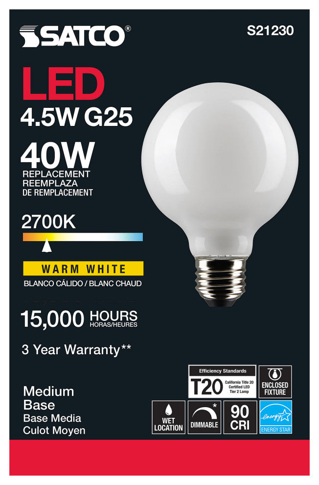 4.5W G25 LED, White, Medium Base, 90 CRI, 2700K, 120V