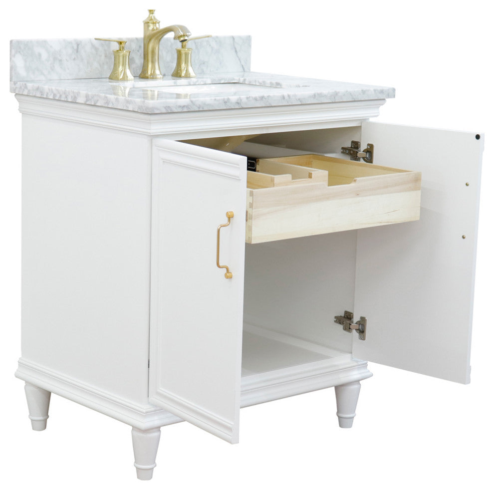 31" Single Vanity, White Finish With White Carrara And Rectangle Sink