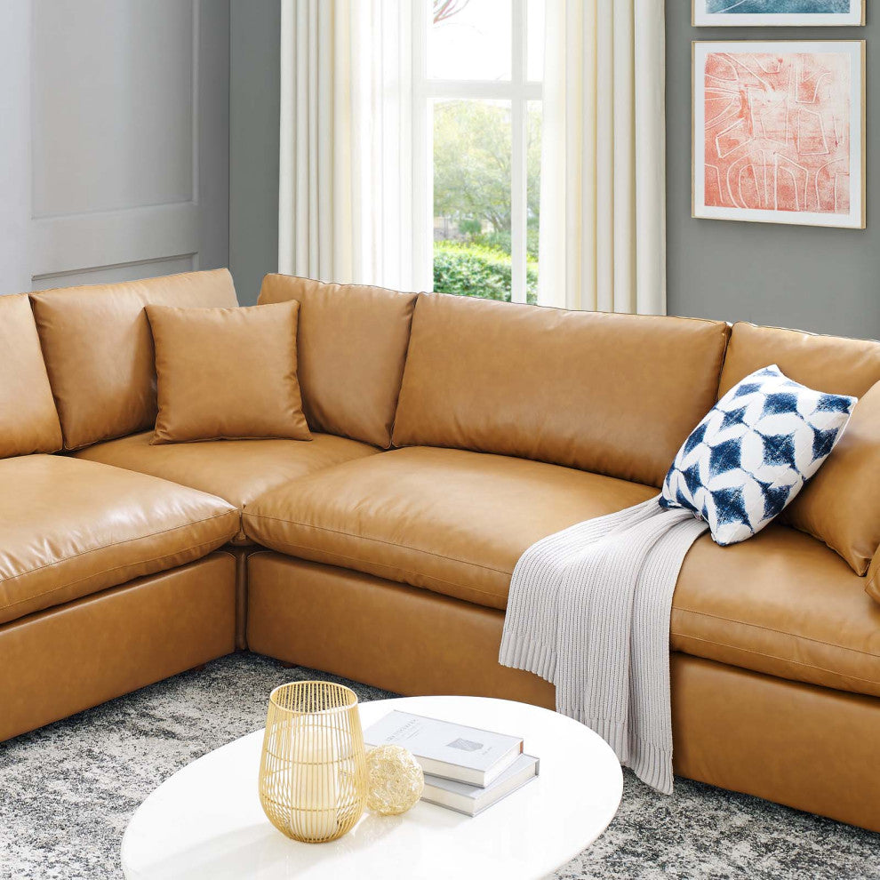Sectional Sofa Set, Faux Vegan Leather, Tan, Modern, Living Lounge Hospitality