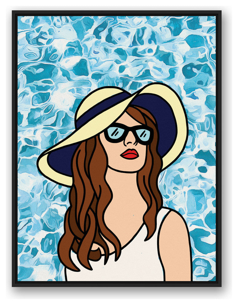 Woman At The Pool 30x40 Black Floating Framed Canvas