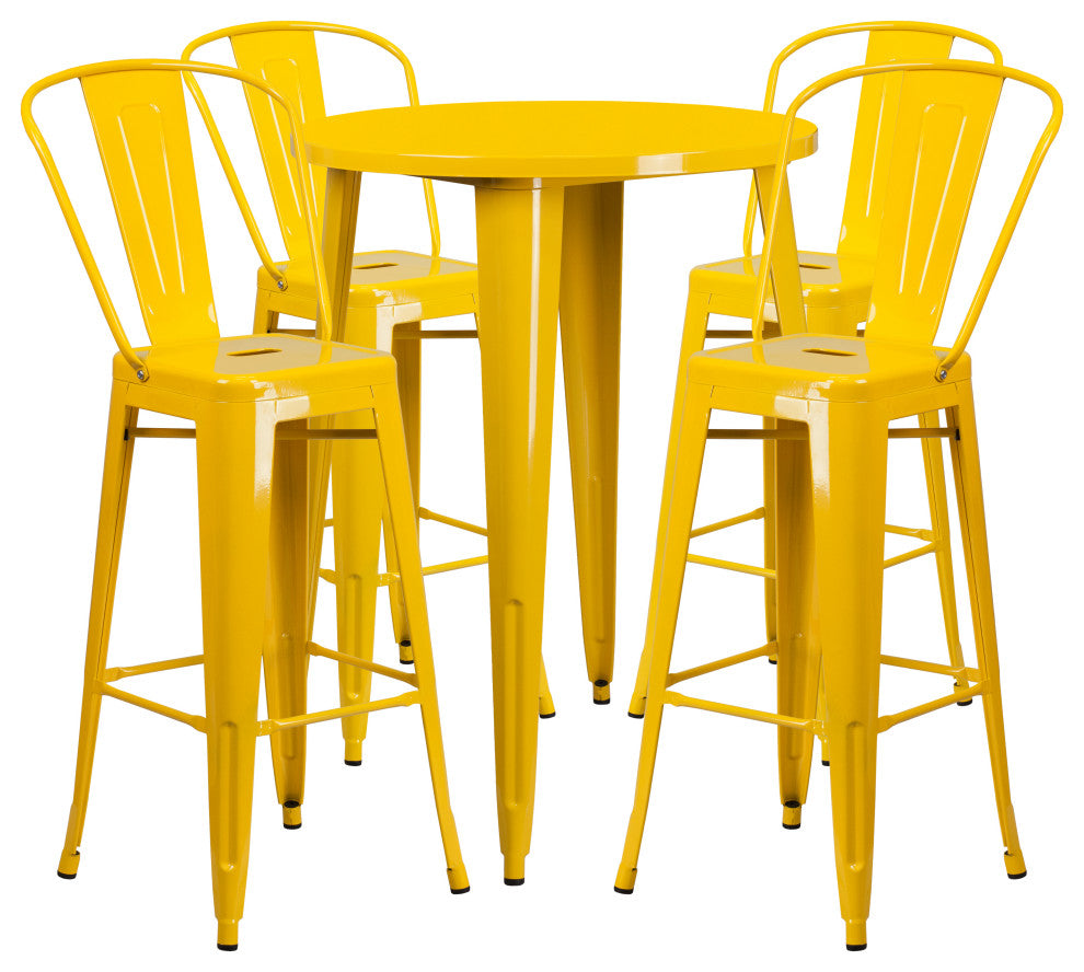 30" Round Yellow Metal Indoor-Outdoor Bar Table Set with 4 Cafe Stools