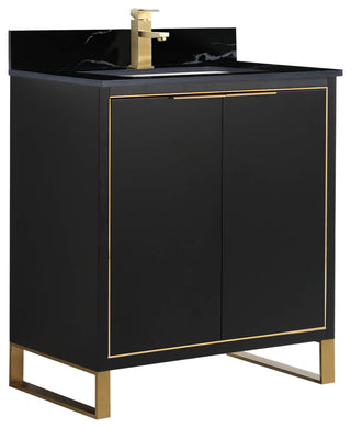 Opulence Bath Vanity, Black Matte, 30", Satin Brass Hardware, Black Marble Top