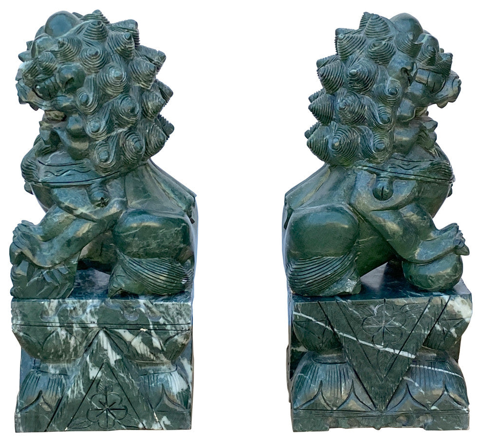 Pair Chinese Green Stone Fengshui Fortune Foo Dog Lion Display Figures Hws1642