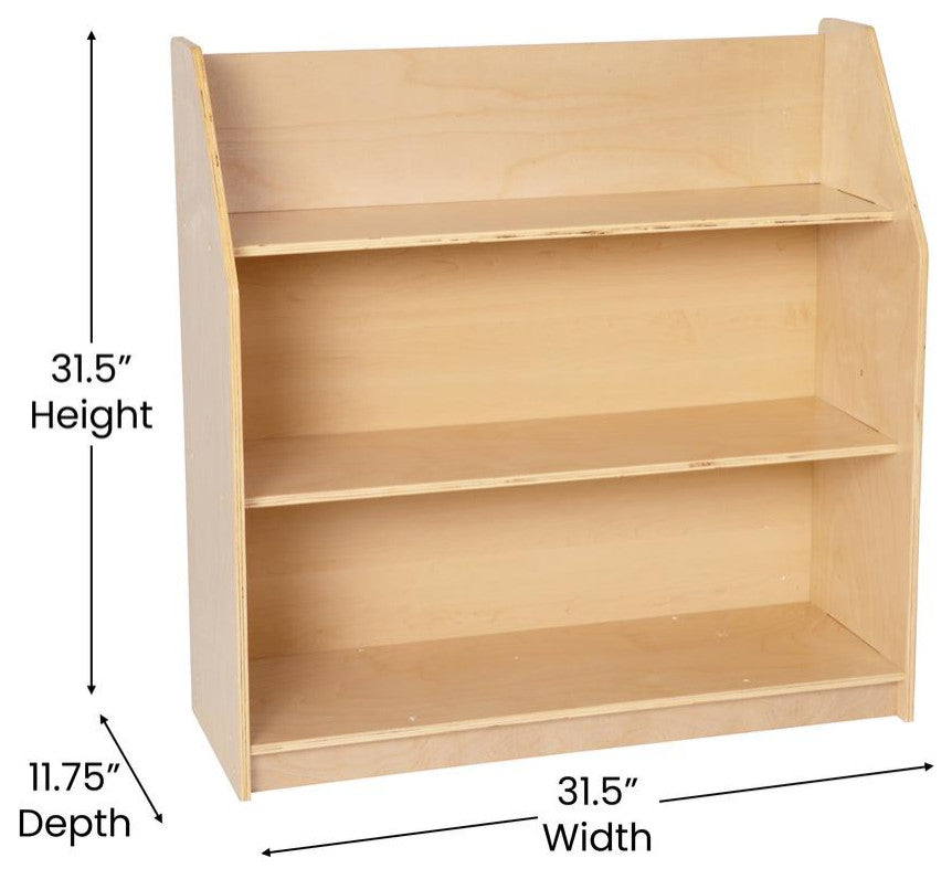 Hercules Natural Wooden 3 Shelf Book Display With Kid Friendly Curved Edges