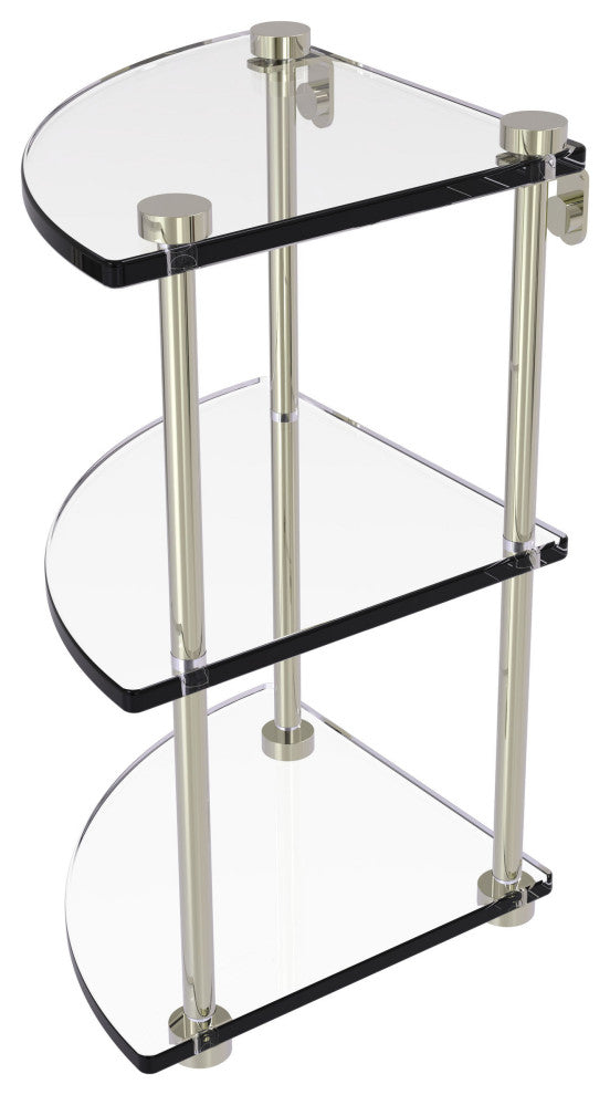 Three Tier Corner Glass Shelf, Polished Nickel