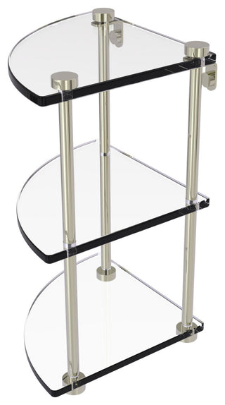 Three Tier Corner Glass Shelf, Polished Nickel