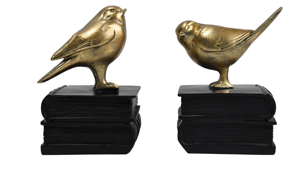 Gold Bird on Book Bookend Pair, Black