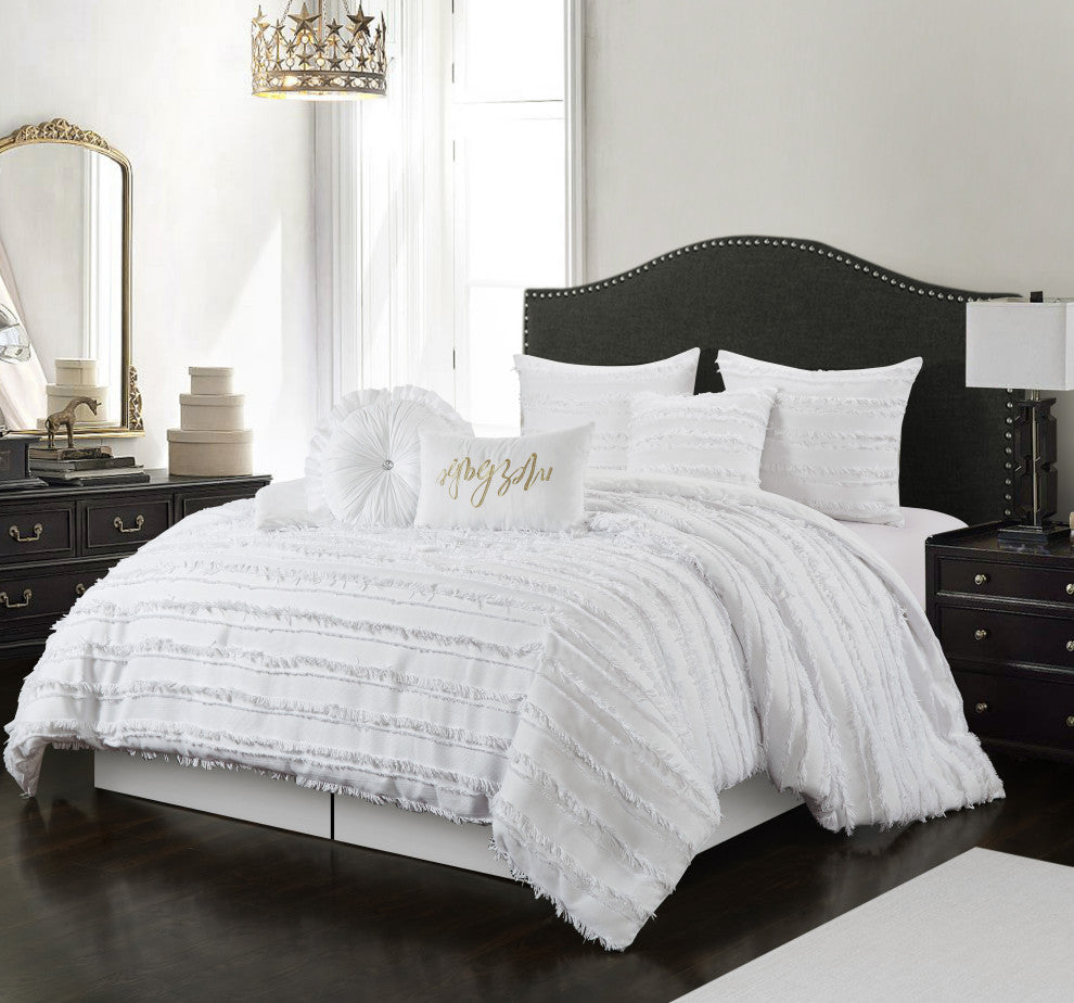 Merle Merbabe 7-Piece Bedroom Bedding Comforter Set, White, Queen