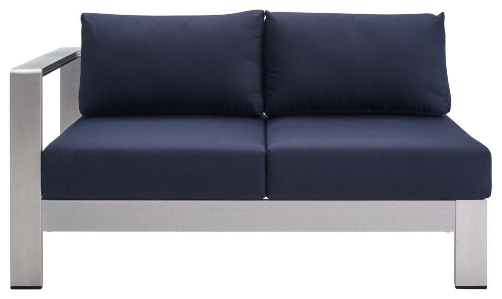Sectional Sofa Chair Table Set, Sunbrella, Aluminum, Silver Blue Navy, Outdoor