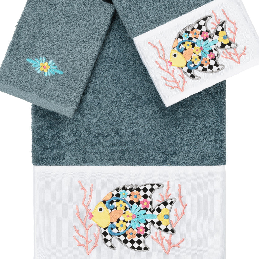 Linum Home Textiles Turkish Cotton Feliz 3-Piece Embellished Towel Set, Teal