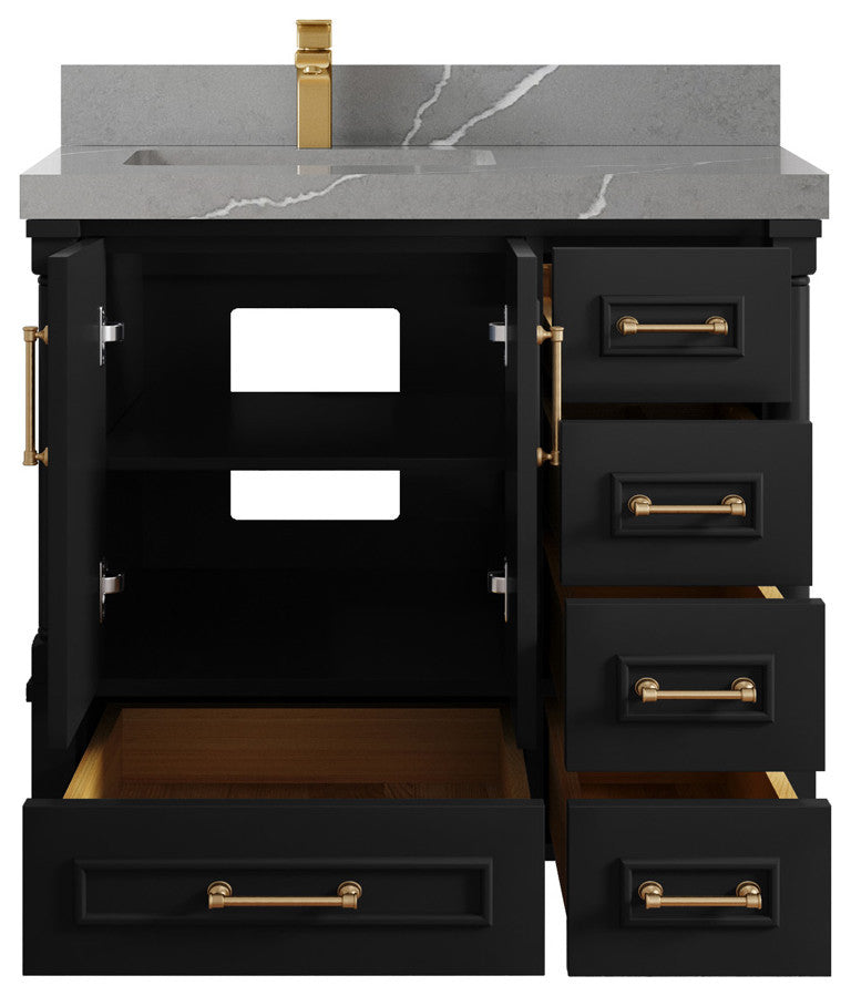 Aberdeen 36 Left Offset Bath Vanity in Black 2" Piatra Gray