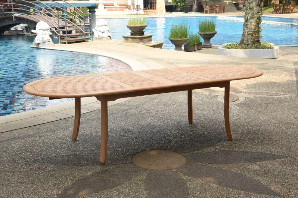 9 Piece Teak Dining Set, 117" Double Extn Oval Table and 8 Nain Stacking Chairs