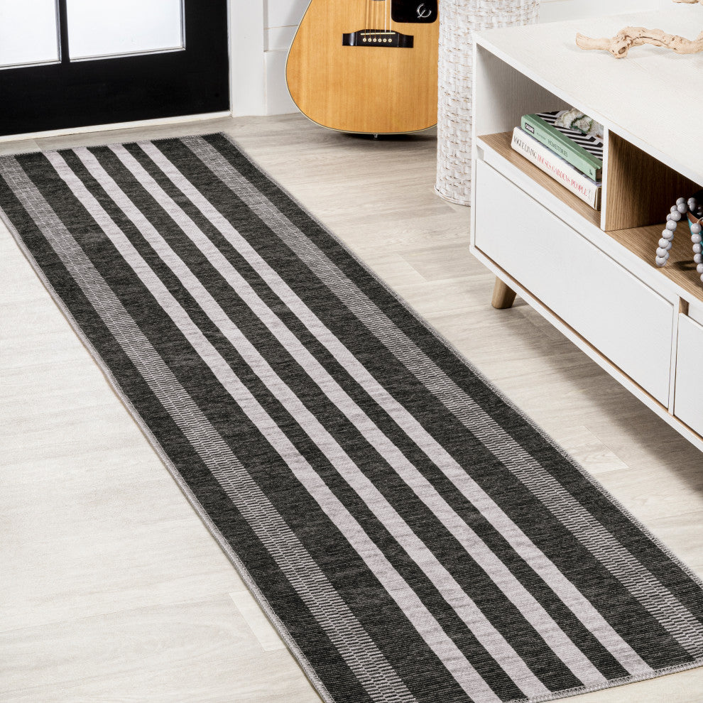 Vichy Geometric Striped Machine-Washable Area Rug, Black/Ivory, 2x8