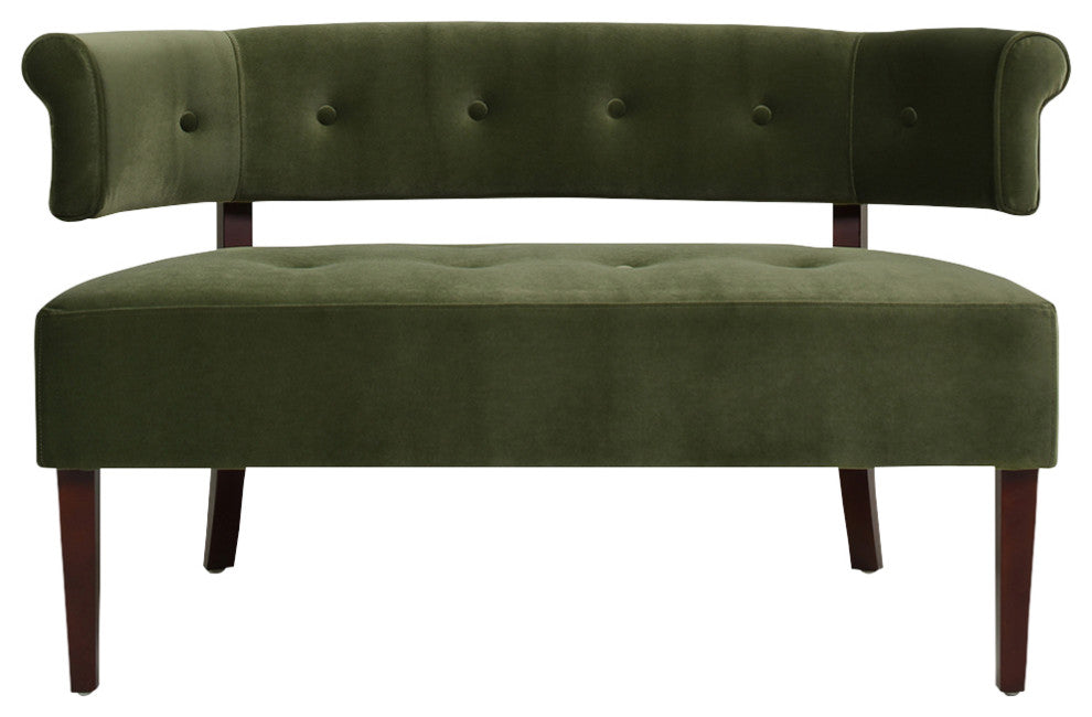Jared Roll Arm Tufted Bench Settee, Olive Green Performance Velvet