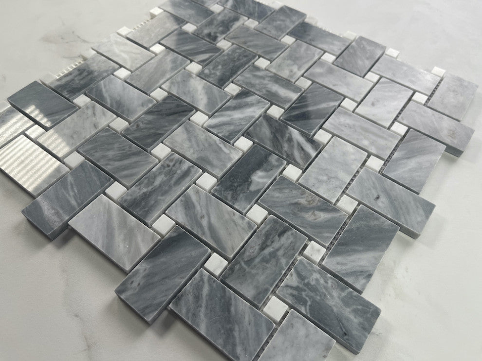 Bardiglio Gray Dark Grey Marble 1x2 Basketweave Mosaic Tile Polished, 1 sheet