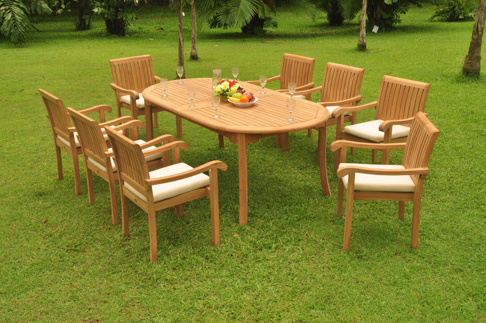 9 Piece Teak Dining Set, 117" Double Extn Oval Table and 8 Nain Stacking Chairs